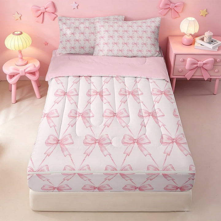 meiyoeat Pink Coquette Bows Zipper Twin Comforter Sets with Fitted Sheet and 2 Pillowcases For Girls,Dreamy Princess Bowknot Zipper Bedding Set For Kids,Pink Reversible,4-Piece