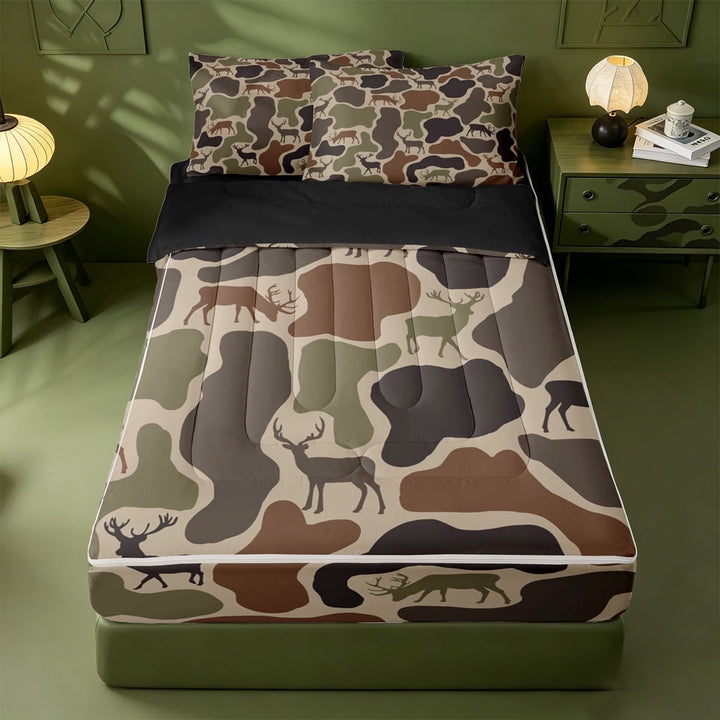 meiyoeat Rustic Camo Deer Zipper Twin Comforter Sets with Fitted Sheet and 2 Pillowcases,Jungle Animal Camouflage Silhouette Zipper Bedding Set For Men Women, Brown Beige,Black Reversible,4-Piece