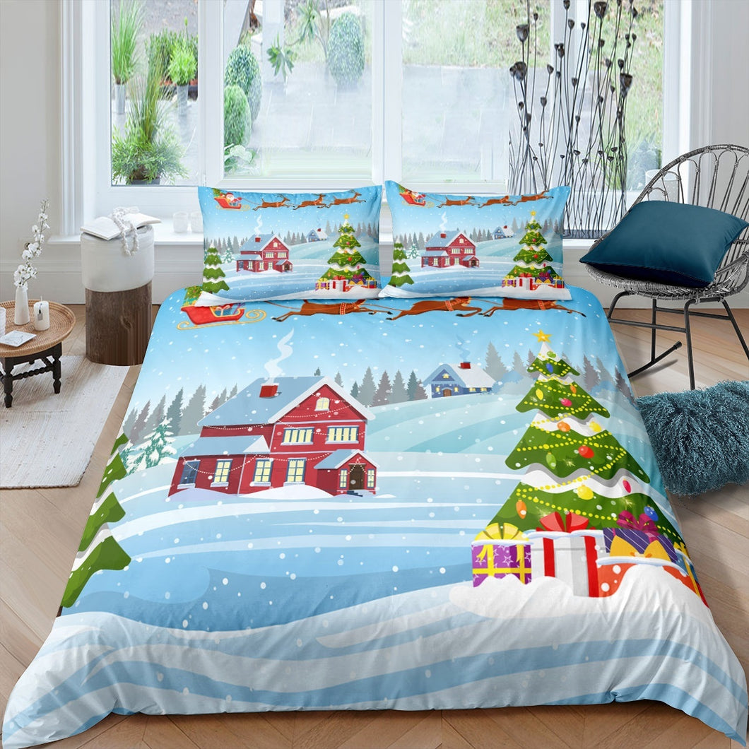 Christmas Theme Comforter Cover Snow House Christmas Tree Pattern Quilt Cover Cartoon Winter Scene Bedding Set For Kids Boys Girls US UK AU DE Size