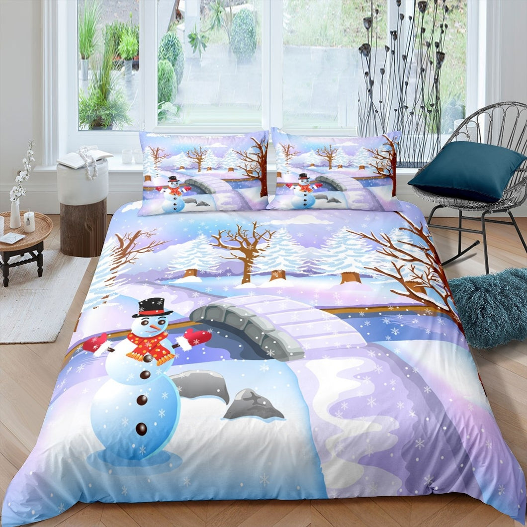 Cartoon Snowman Christmas Theme Bedding Set With Corner Ties For Kids Boys Girls Nursery Winter Snow Scene Comforter Cover Little Child Bedroom Trees Snowflake Decor 2/3 Pcs Duvet Cover US Twin Full Queen King Size UK King DE Size AU Double Size