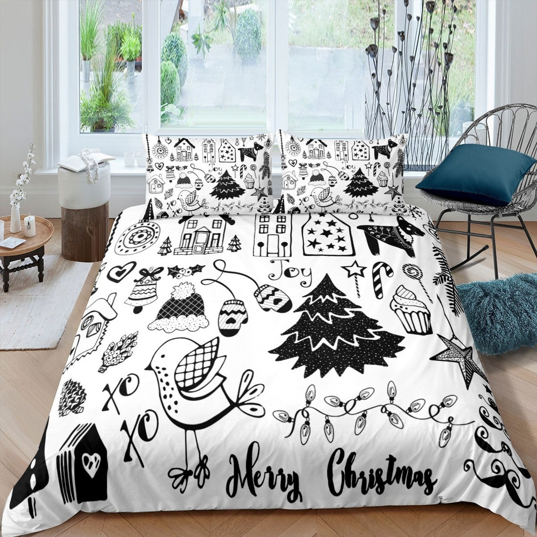 Christmas Theme Bedding Set Xmas Gift Quilt Cover Kids Child Comforter Cover For Boys Girls Black And White Cute Illustration Breathable Bedspread US Twin Full Queen King Size AU Double UK Single  1 Duvet Cover With 1 Or 2 Pillowcases