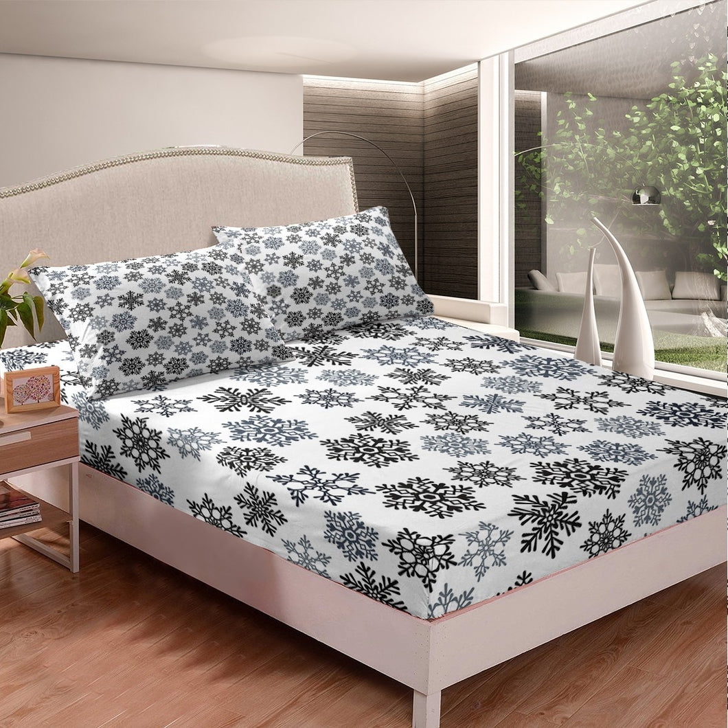 Snowflake Fitted Sheet Set,Winter Christmas Theme Bedding Set,Lace Style White Black Duvet Cover Bedroom Gift Collection Quality Bedroom,Decorative Bed Cover 2 Pcs Twin Size