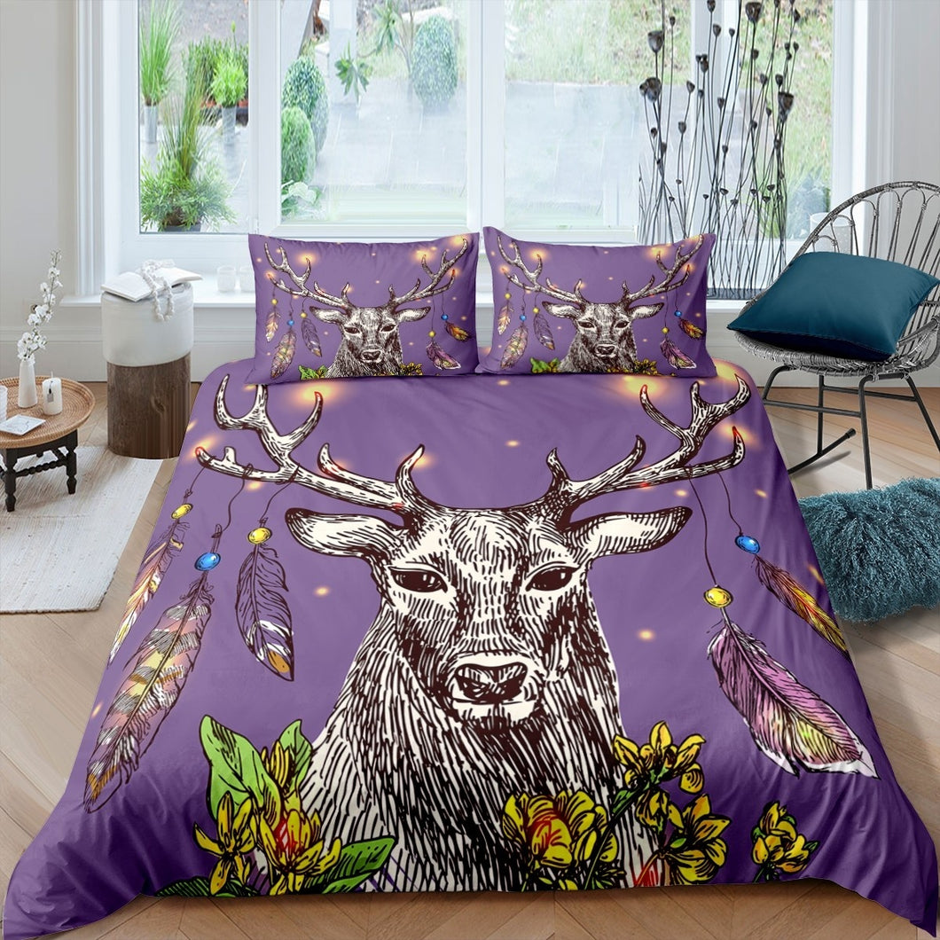Boho Style Elk Pattern Duvet Cover Set For Girls Teens Bedroom Bohemian Dream Catcher Printed Comforter Cover Christmas Theme Antlers Bedding Set Feather Deer Purple Decor 2 Or 3 Pcs With Pillowcase US Twin Full Queen King Size
