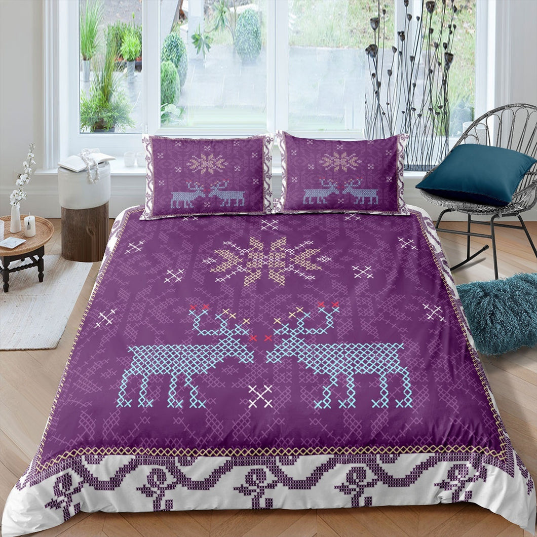 Kid Christmas Bedding Set Elk Comforter Cover Purple Duvet Cover Pixel Snowflake Quilt Cover With Zipper Closure, Winter Room Decoration Duvet Cover With Pillow Cases AU Size  US Twin Queen Full King UK Double DE Size