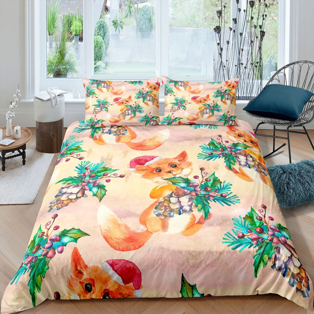 Christmas Bedding Set Cartoon Fox Comforter Cover Branch Leaves Duvet Cover Wildlife Theme Print Bedspread Cover For Kid Boy Girl Teen  Duvet Cover With Pillow Cases AU Size  US Twin Queen Full King UK Double DE Size