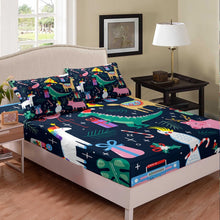 Load image into Gallery viewer, Kids Xmas Gifts Bed Sheet Set For Child Bedroom Child Christmas Theme Cute Animals Printed Fitted Sheet Set Nursery Bedding Set Black Color Dinosaur Farm Decor 2/3Pcs With Pillowcase Twin Full Twin XL Queen Size
