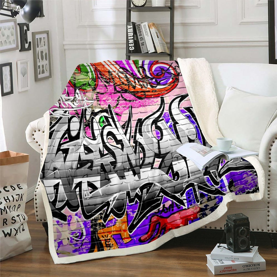 Hippie Graffiti Style Throw Blanket Hip Hop Design Fleece Blanket for Couch Bed Sofa Youth Graffiti Pattern Sherpa Blanket Street Culture Theme Fuzzy Blanket Room Decor Blanket