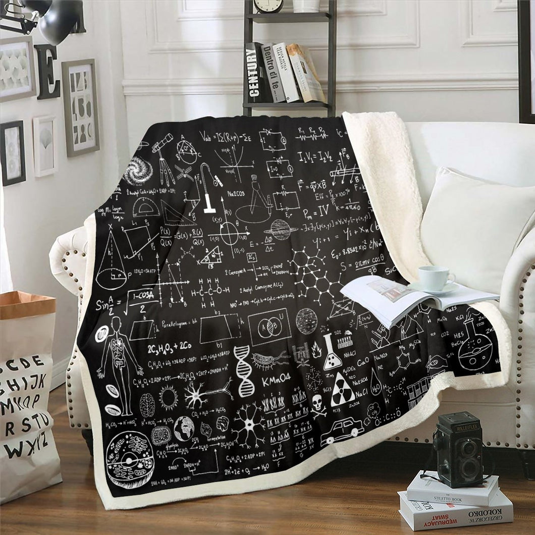 Math Theme Sherpa Blanket Science Formula Throw Blanket for Couch Bed Sofa Geometry Pattern Numbers Fleece Blanket Black White Decor Fuzzy Blanket