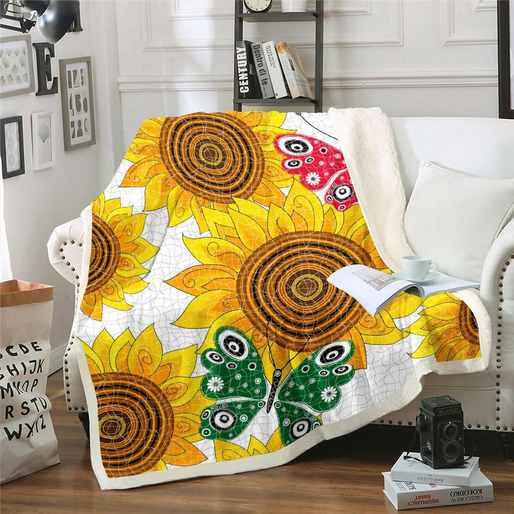 Sunflower Sherpa Blanket Boho Floral Print Throw Blanket for Couch Bed Sofa Bohemian Butterfly Decor Fleece Blanket Blossom Flowers Pattern Fuzzy Blanket Nature Theme