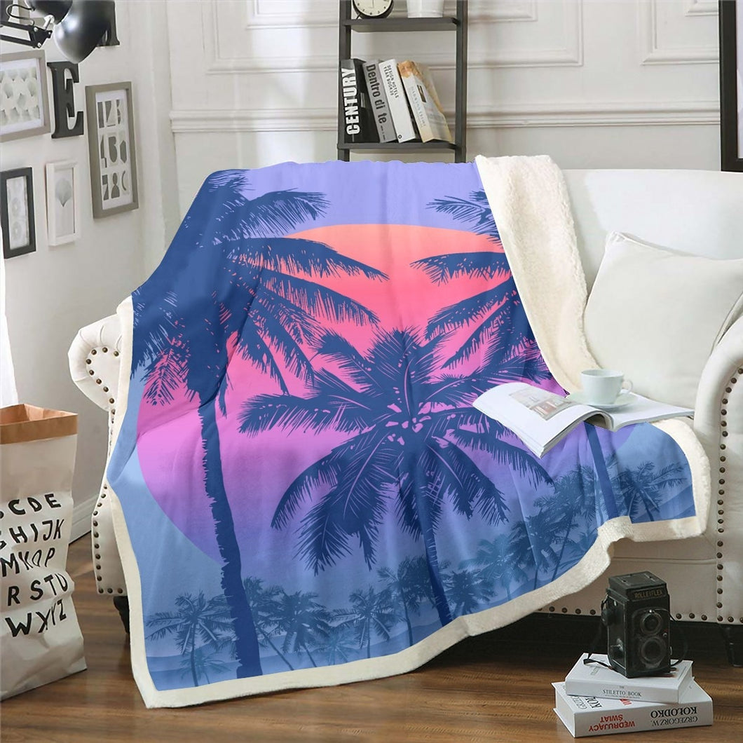 Palm Tree Print Sherpa Blanket Palm Leaf Throw Blanket Sea Sunset Scenery Fleece Blanket for Couch Bed Sofa Room Decor Lightweight Hawaiian Tropical Island Fuzzy Blanket