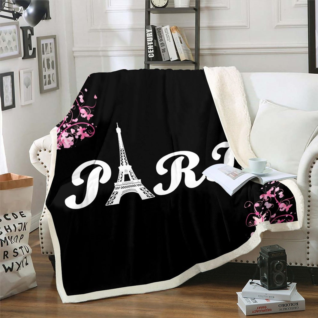 Eiffel Tower Sherpa Blanket Chic Paris Theme Fleece Blanket Floral Flowers Design Throw Blanket for Couch Bed Sofa Women Modern French Style  Fuzzy Blanket Butterfly Room Decor