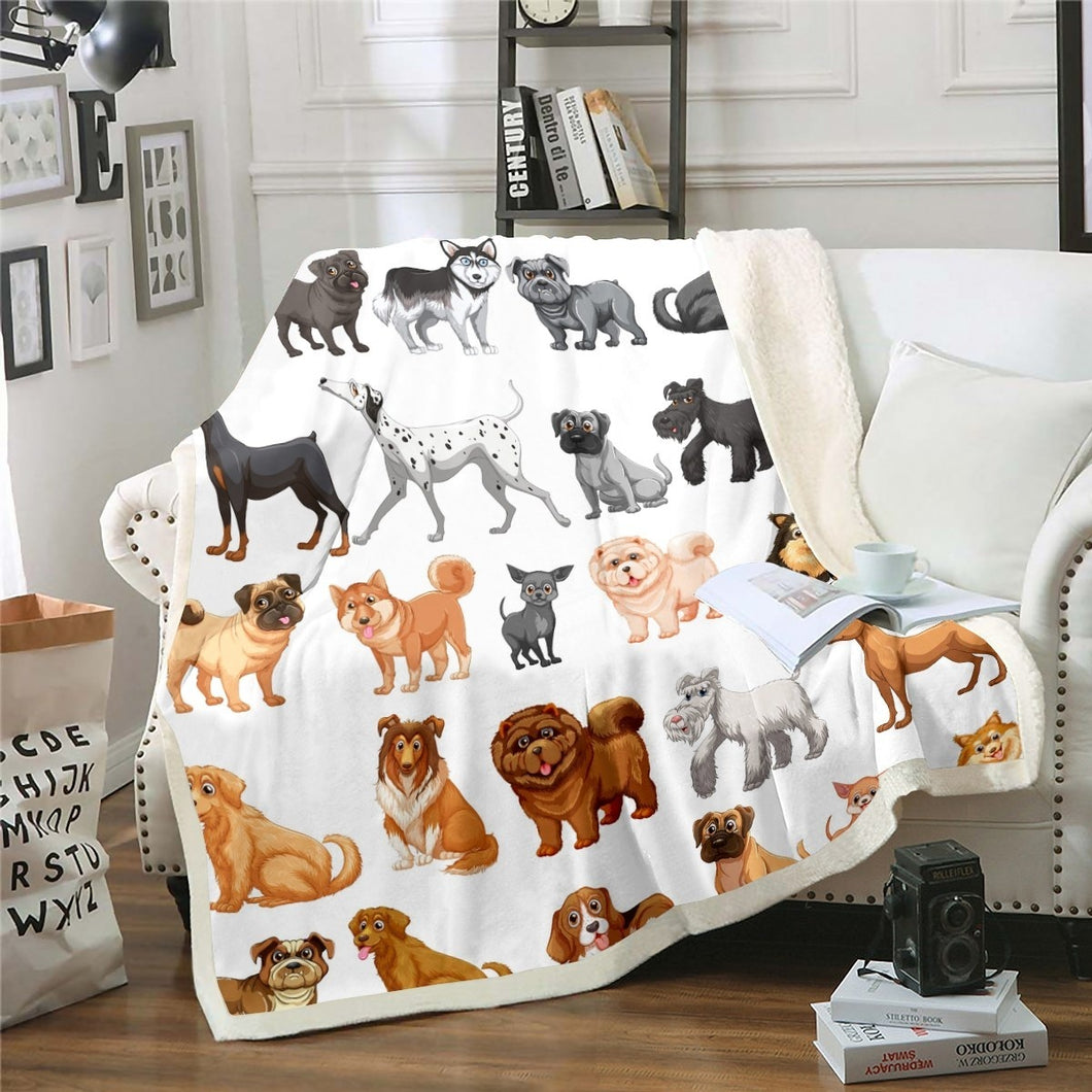 Dog Printed Throw Blanket Cute Pet Dogs Sherpa Blanket for Couch Bed Sofa Cartoon Animal Theme Fleece Blanket Lovely Pug Puppy Fuzzy Blanket Bedroom Decor Blanket