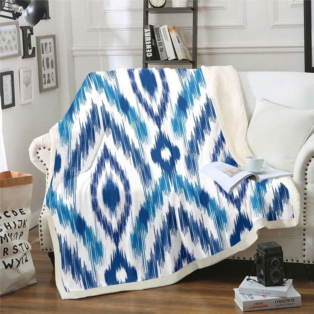 Boho Diamond Sherpa Blanket Bohemian Style Throw Blanket for Couch Bed Sofa Blue Geometric Stripe Decor Fleece Blanket Abstract Art Fuzzy Blanket