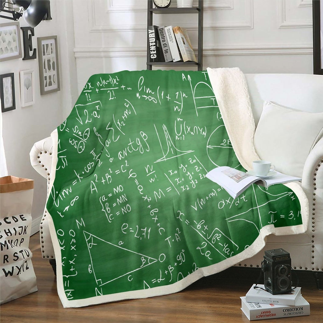 Math Theme Sherpa Blanket Mathematical Formula Throw Blanket for Couch Bed Sofa Geometry Pattern Numbers Fleece Blanket Green White Decor Fuzzy Blanket