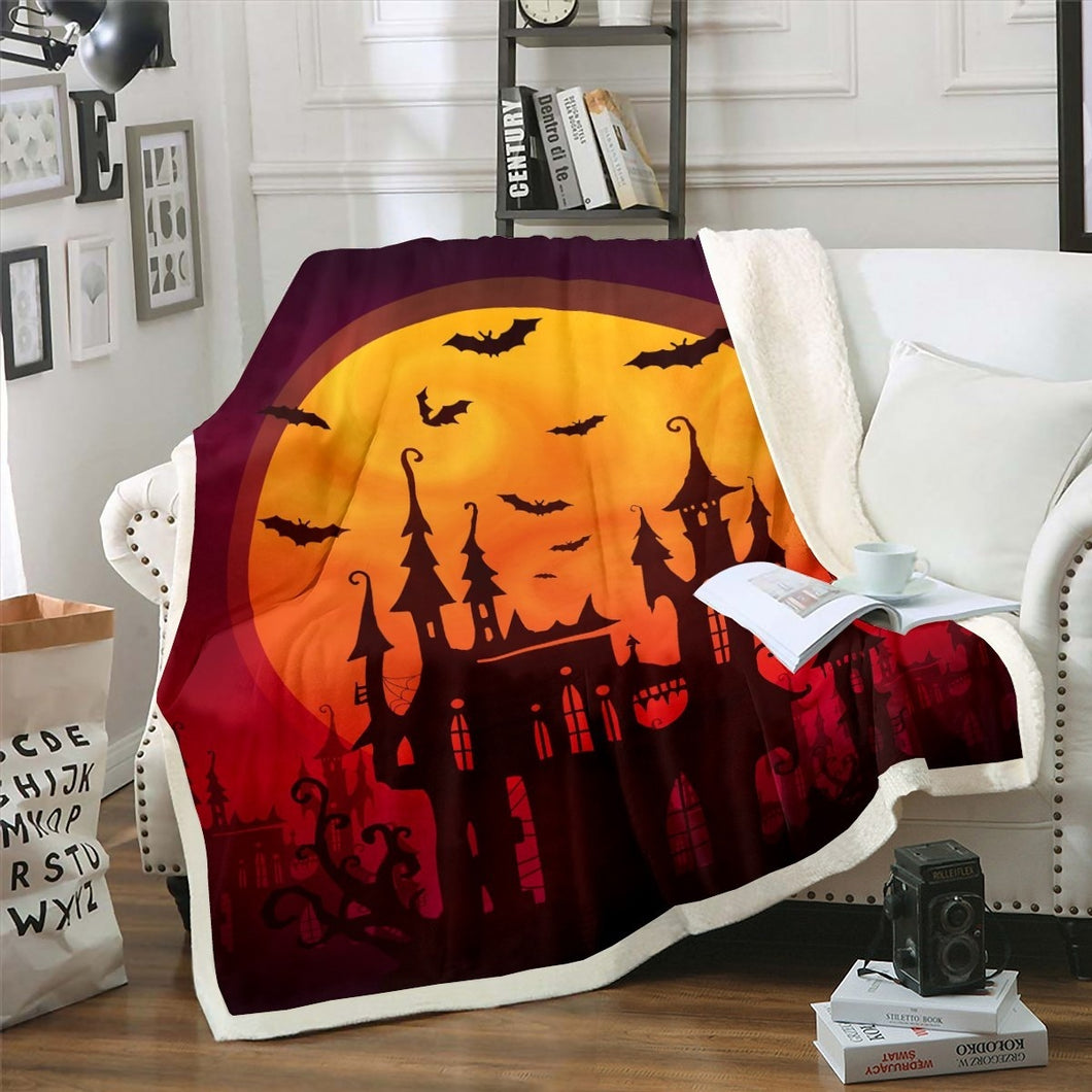 Halloween Themed Throw Blanket for Couch Bed Sofa Horror Ghost Style Fleece Blanket Decorative Scary Castle Sherpa Blanket Cartoon Bat Fuzzy Blanket  Plush Blanket