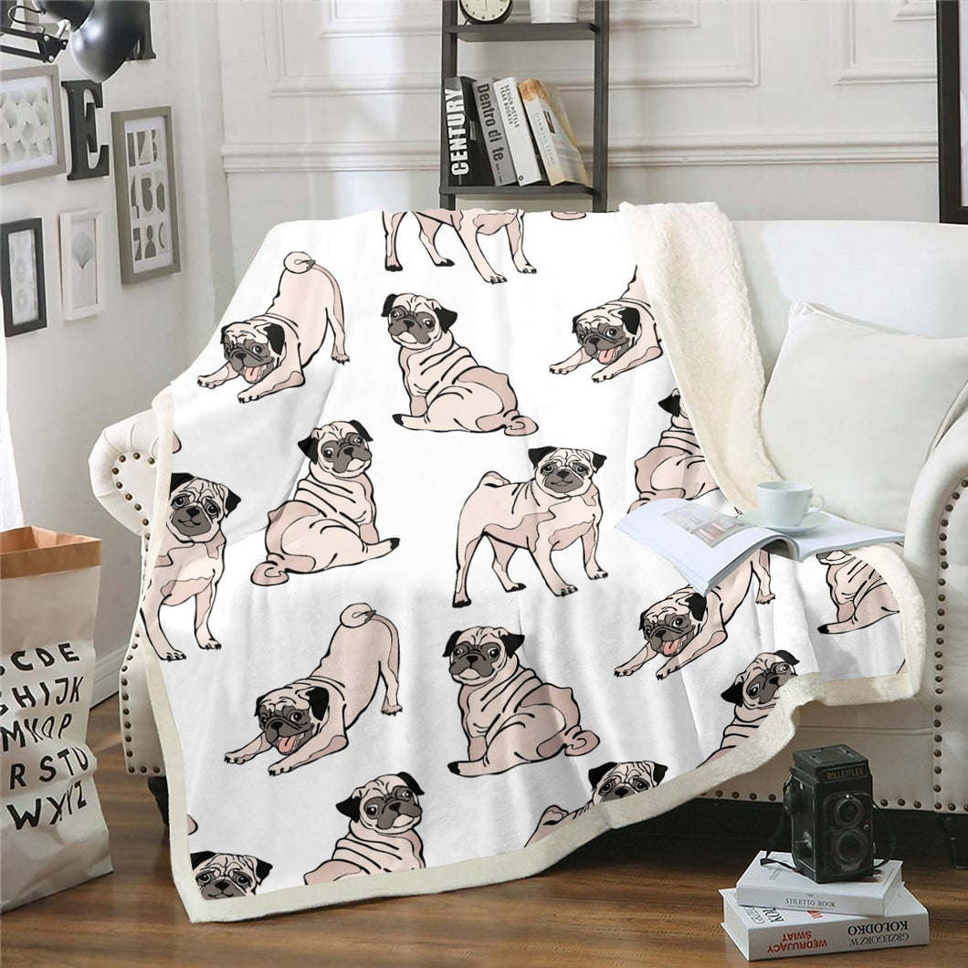 Dog Printed Sherpa Blanket Cute Pug Dog Throw Blanket for Couch Bed Sofa Animal Theme Decor Fleece Blanket Cartoon Pet Dog Pattern Fuzzy Blanket