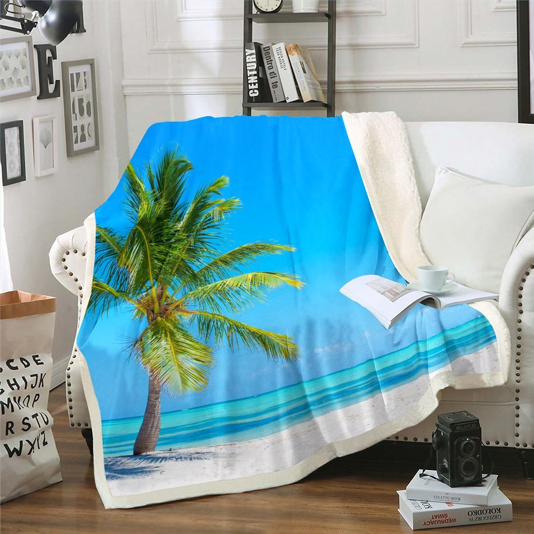 Hawaiian Beach Throw Blanket Ocean Sherpa Blanket for Couch Bed Sofa Sea Printed Fleece Blanket Tropical Palm Tree Fuzzy Blanket Summer Holiday Decor Blanket