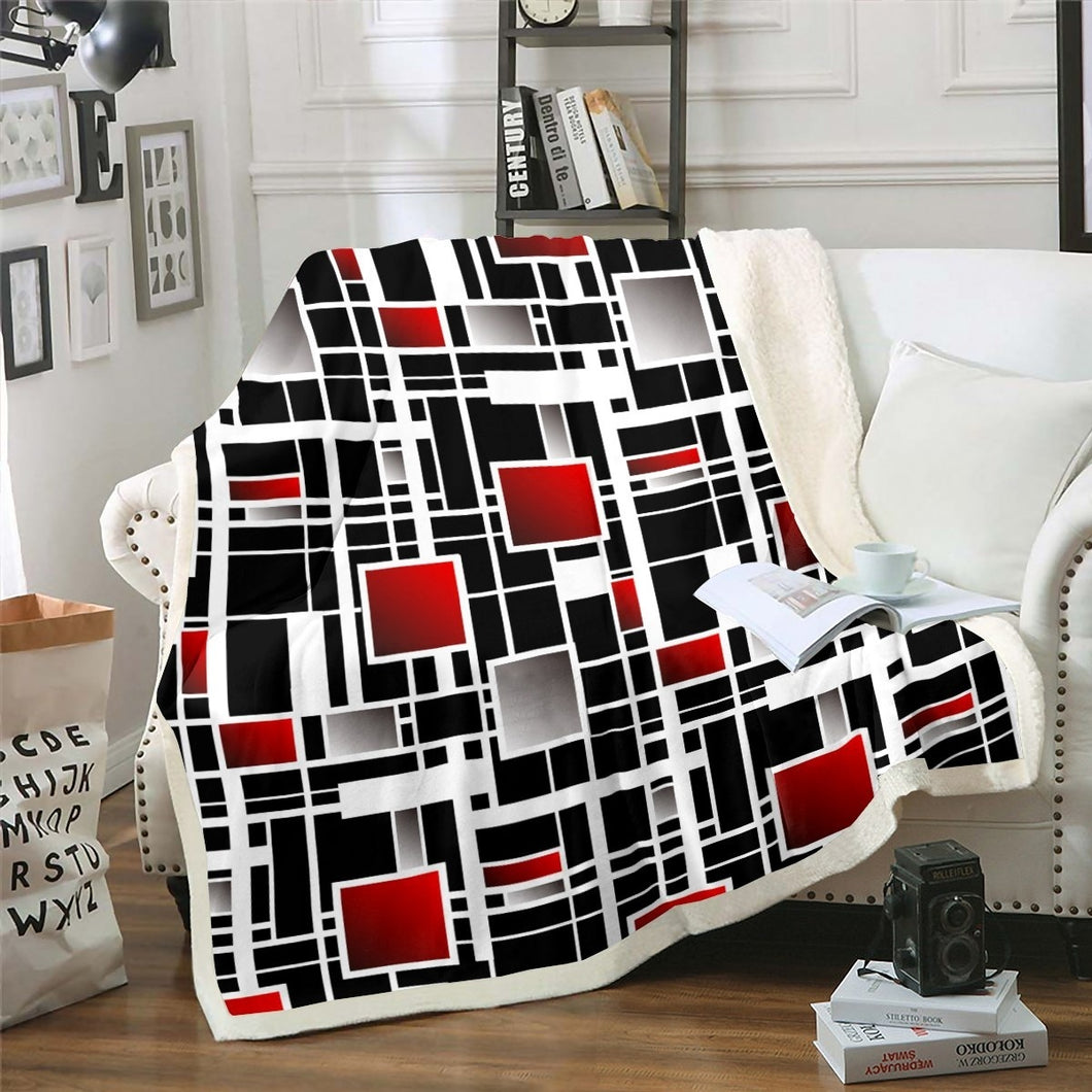 Square Sherpa Blanket Geometric Stripe Throw Blanket Abstract Art Fleece Blanket for Couch Bed Sofa Room Decor Lightweight Simple Modern Black White Red Fuzzy Blanket