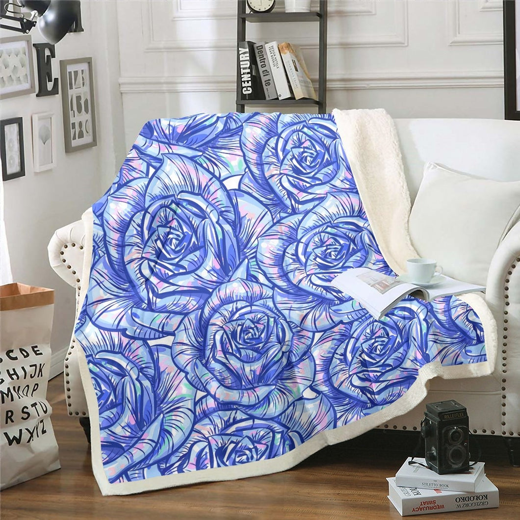 Rose Floral Print Sherpa Blanket Romantic Flowers Pattern Throw Blanket Chic Rose Fleece Blanket for Couch Bed Sofa Room Decor Lightweight Blue Purple Flowers Fuzzy Blanket