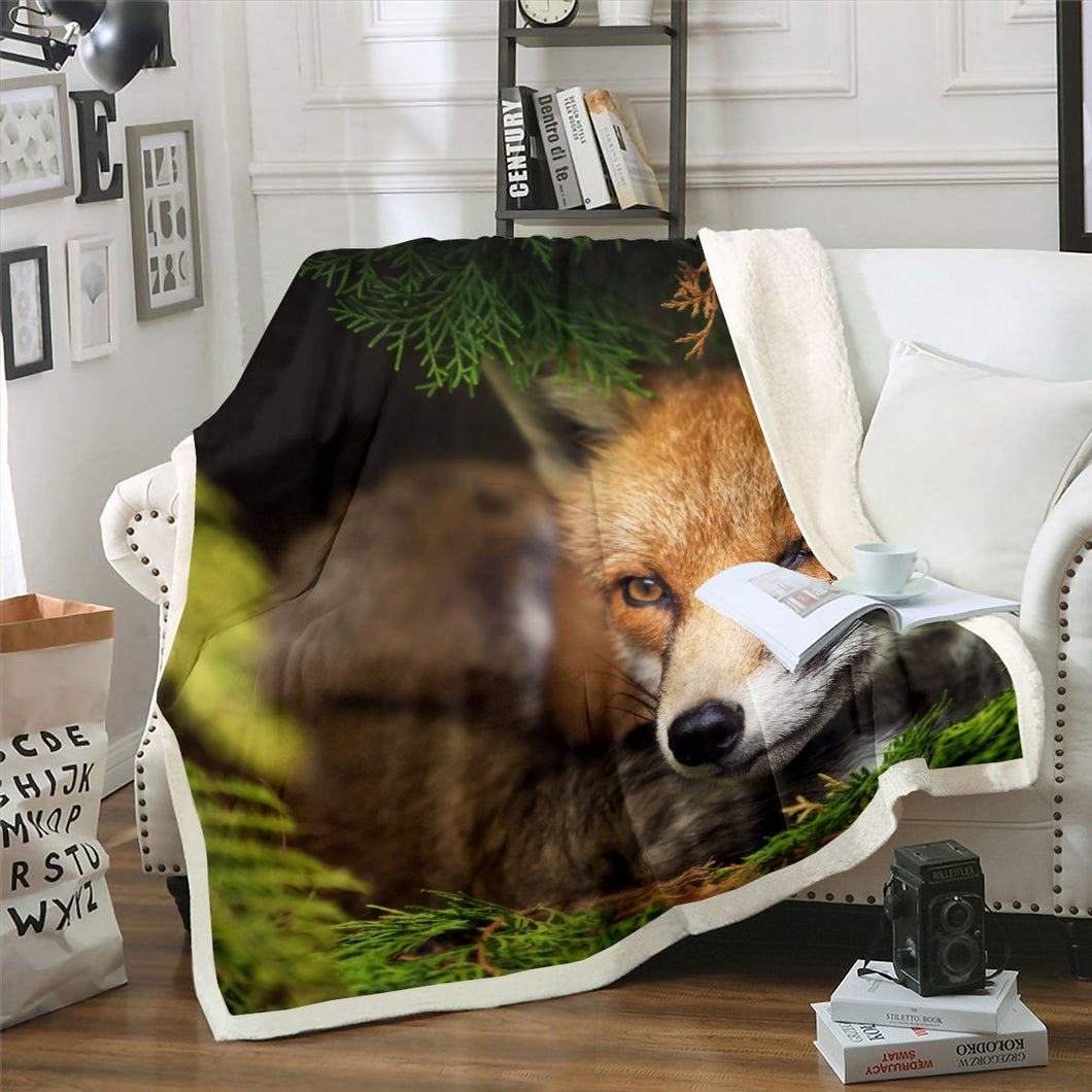 Fox Print Sherpa Blanket 3D Wild Animal Theme Throw Blanket Woodland Fox Fleece Blanket for Couch Bed Sofa Room Decor Lightweight Nature Wildlife Pattern Fuzzy Blanket