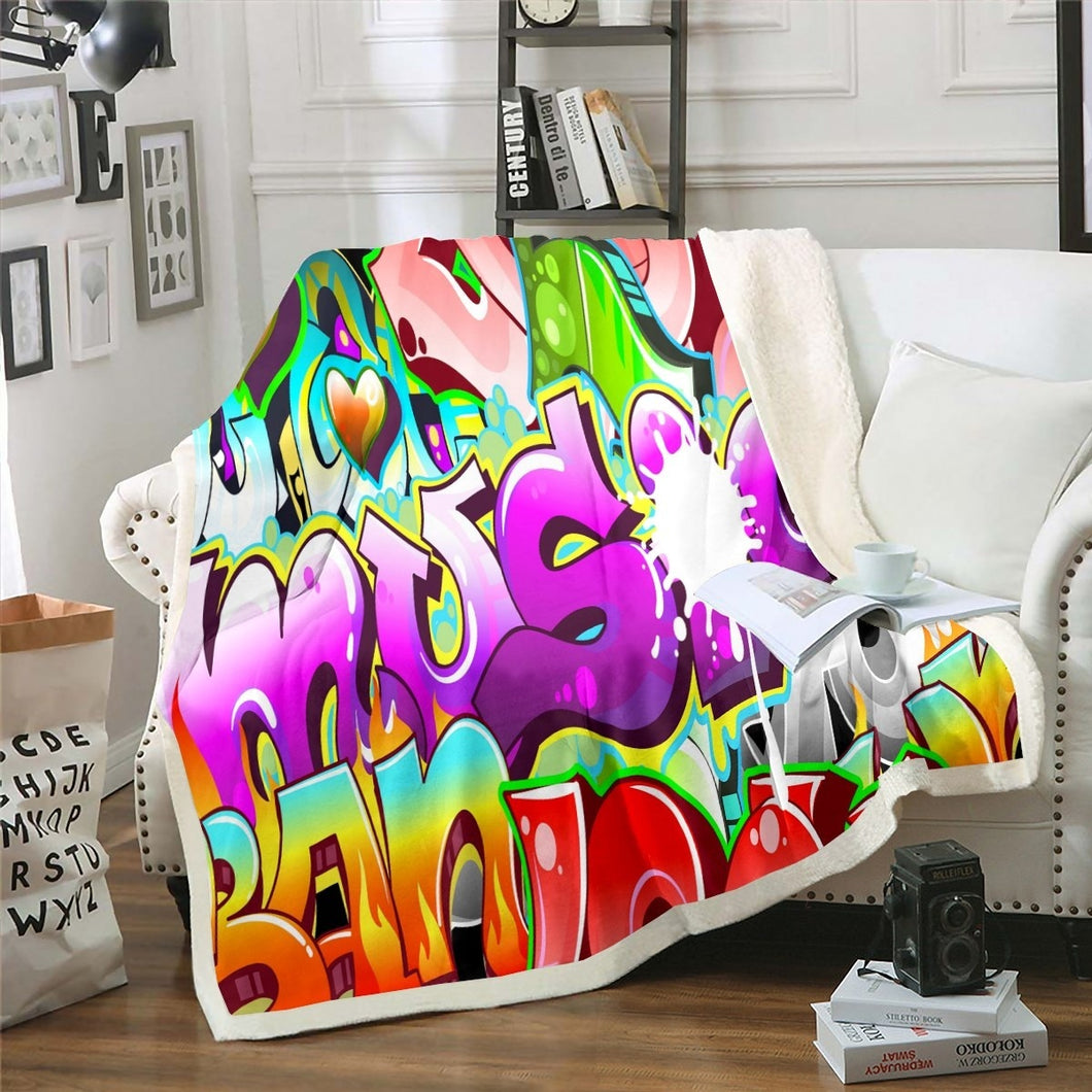 Hippie Graffiti Style Throw Blanket Hip Hop Rock Music Fleece Blanket for Couch Bed Sofa Graffiti Pattern Sherpa Blanket Street Culture Theme Fuzzy Blanket Room Decor Blanket