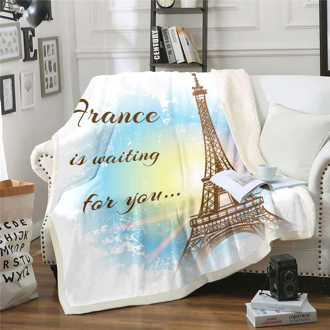 Eiffel Tower Sherpa Blanket Chic Paris Theme Throw Blanket for Couch Bed Sofa Paris Cityscape Printed Decor Fleece Blanket Modern French Style Fuzzy Blanket