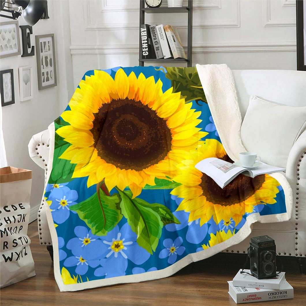 Sunflower Throw Blanket Floral Print Sherpa Blanket for Couch Bed Sofa Blossom Flowers Pattern Fleece Blanket Botanical Branches Fuzzy Blanket Bright Nature Theme Room Decor Blanket