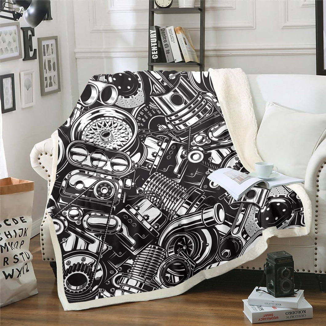 Metal Components Fleece Blanket Motocross Part Throw Blanket for Couch Bed Sofa Men Black White Design Sherpa Blanket Stain Resistant Heavy Metal Style Room Decor  Blanket