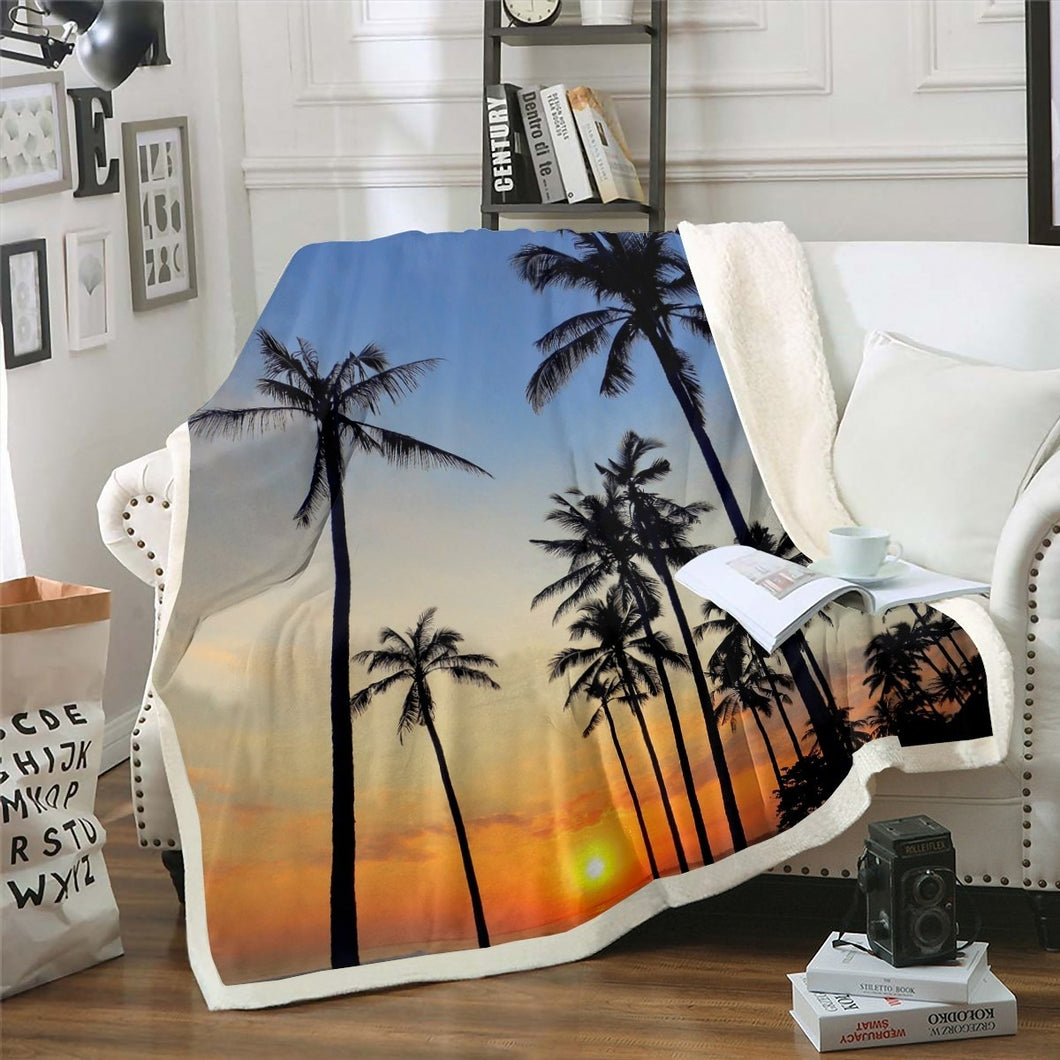 Palm Tree Print Throw Blanket Sea Sunset Scenery Sherpa Blanket