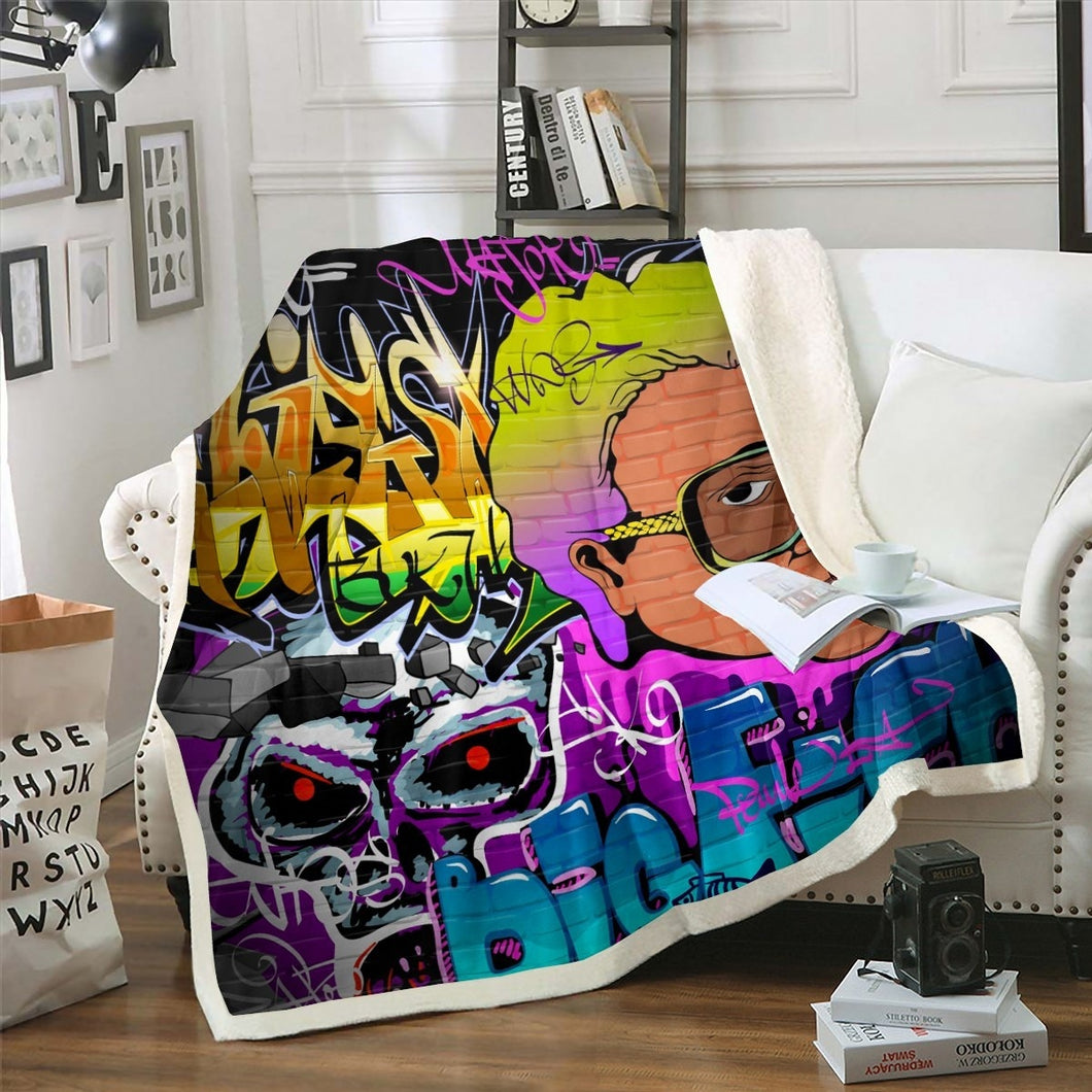 Hippie Graffiti Pattern Throw Blanket Hip Hop Skull Design Fleece Blanket for Couch Bed Sofa Young Man Street Culture Graffiti Sherpa Blanket Wall Graffiti Art Fuzzy Blanket Decor