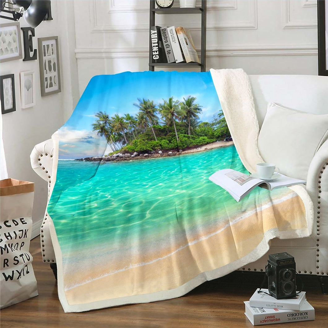 Beach Themed Throw Blanket Ocean Sea Printed Fleece Blanket for Couch Bed Sofa Palm Tree Print Sherpa Blanket Breathable Hawaiian Beach Island Fuzzy Blanket Room Decor Blanket