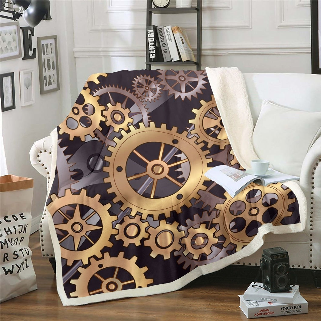 Gear Fleece Blanket Gearwheel Pattern Throw Blanket for Couch Bed Sofa Geometry Circle Sherpa Blanket Stain Resistant Golden Brown Room Decor  Blanket