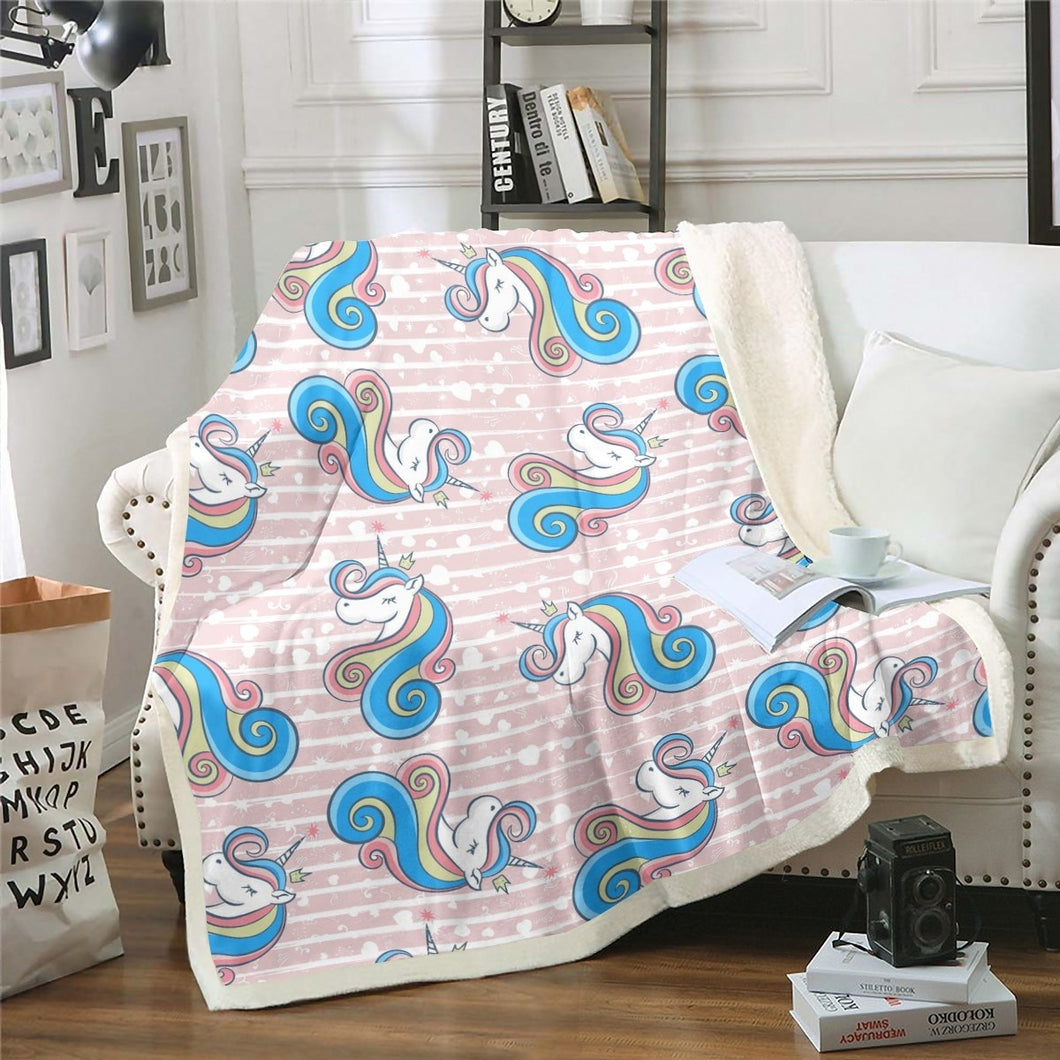 Unicorn Sherpa Blanket Cartoon Dreamy Horse Throw Blanket Magical Animal Pattern Fleece Blanket for Couch Bed Sofa Bedroom Decor Geometric Stripe Fuzzy Blanket