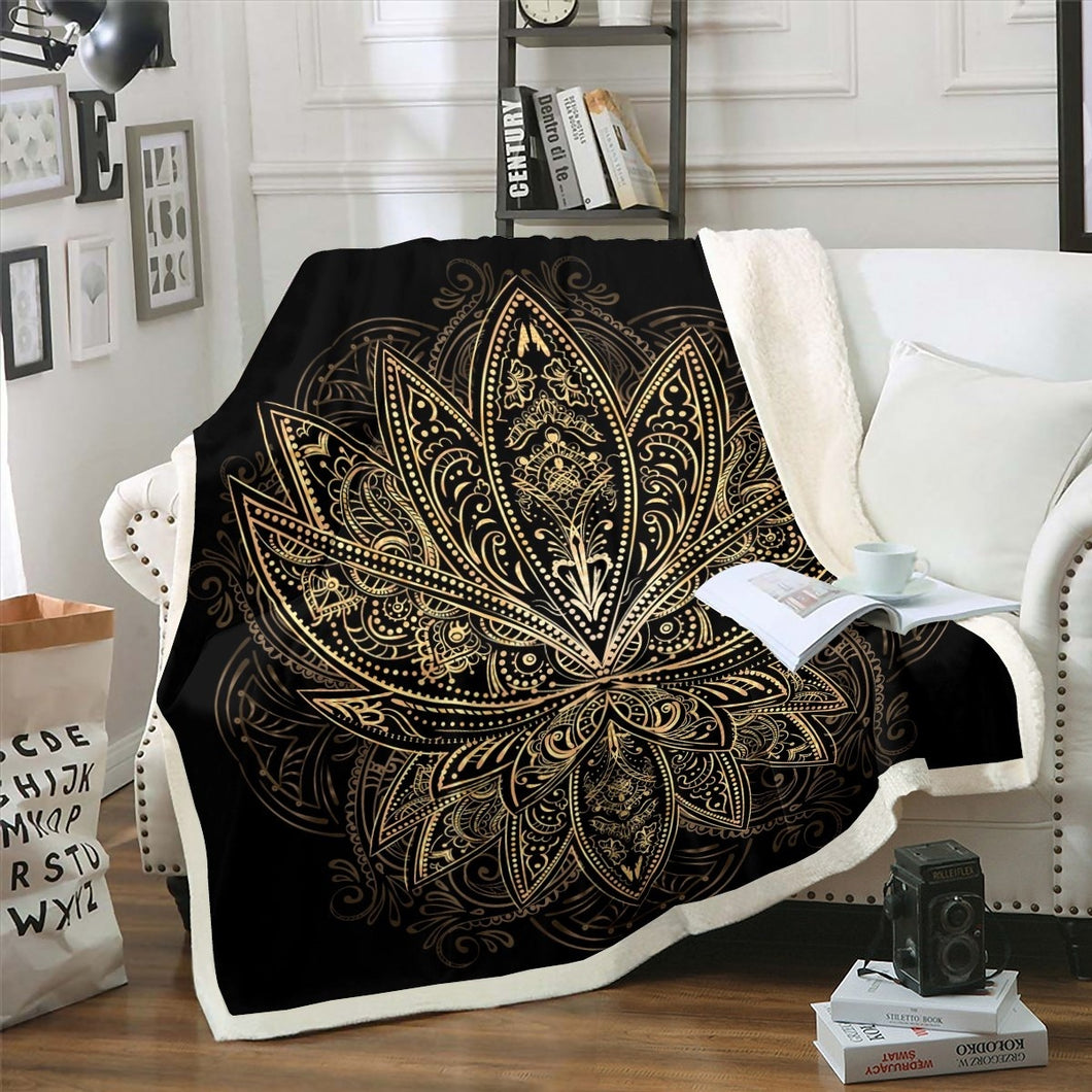 Boho Mandala Sherpa Blanket Bohemian Style Throw Blanket Decorative Hippie Mandala Fleece Blanket for Couch Bed Sofa Room Decor Lightweight Black Golden Exotic Floral Fuzzy Blanket