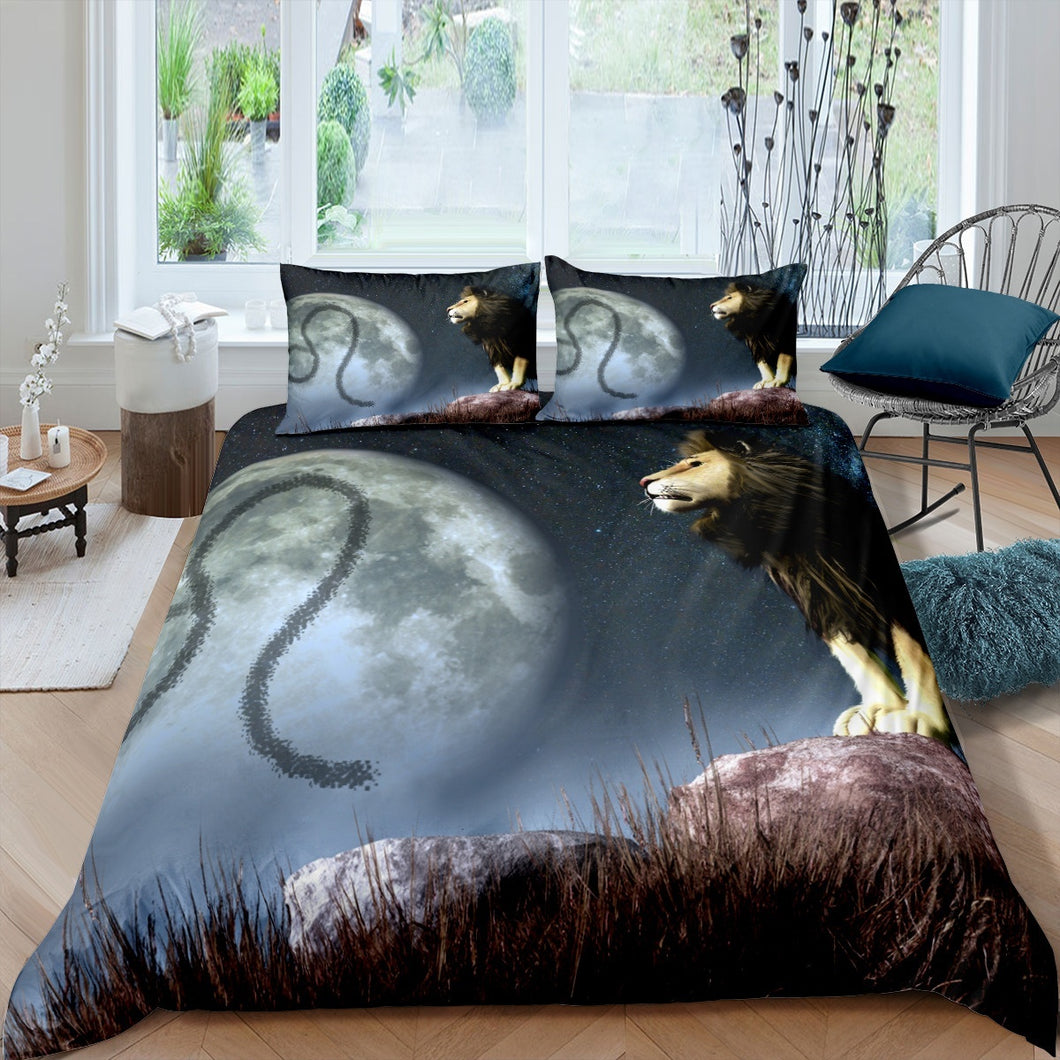 Lion Duvet Cover Set Full Moon Decorative Bedding Set for Kids Boys Teens Adults, Starry Sky Comforter Cover Wild Animal Theme Bedspread Cover 2/3 Pcs With Pillowcase