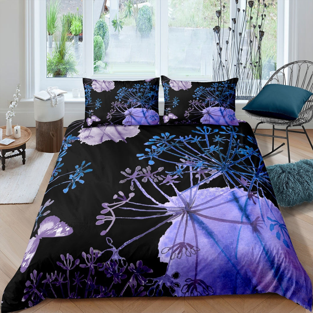 Dandelion Duvet Cover Set Botanical Plant Floral Printed Bedding Set for Kids Boys Girls, Purple Butterfly Decor Comforter Cover with Zipper 2/3 Pcs With Pillowcase