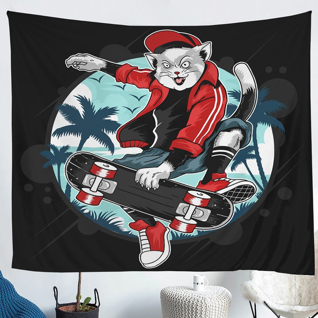 Skateboard Tapestry Extreme Sports Themed Wall Hanging for Kids Room Bedroom Living Room, Tropical Sea Beach Palm Tree Decorative Wall Blanket,S M L XL