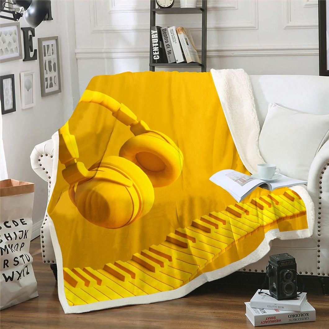 Modern Music Themed Bed Throws for Kids Boys Teens, Yellow Headset and Piano Keys Printed Flannel Fleece Blanket Hip Hop Headphone Throw Blanket,Baby Throw Twin Queen