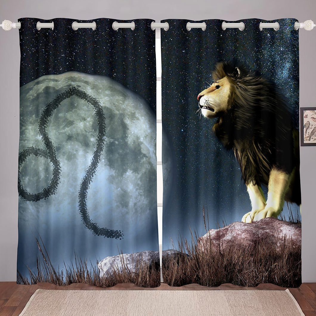 Lion Curtain Full Moon Decorative Window Curtain for Kids Room Bedroom Living Room Starry Sky Window Drapes Wild Animal Theme Bedspread Cover