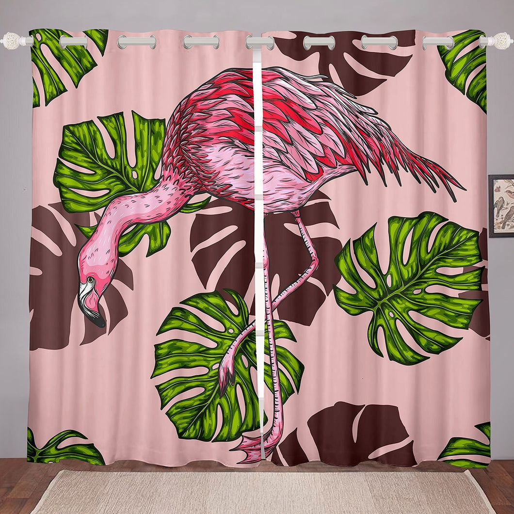 Pink Flamingo Curtain Wild Animal Theme Window Curtain for Kids Room Bedroom Living Room Green Palm Leaf Decor Window Drapes Lightweight Bed Blanket