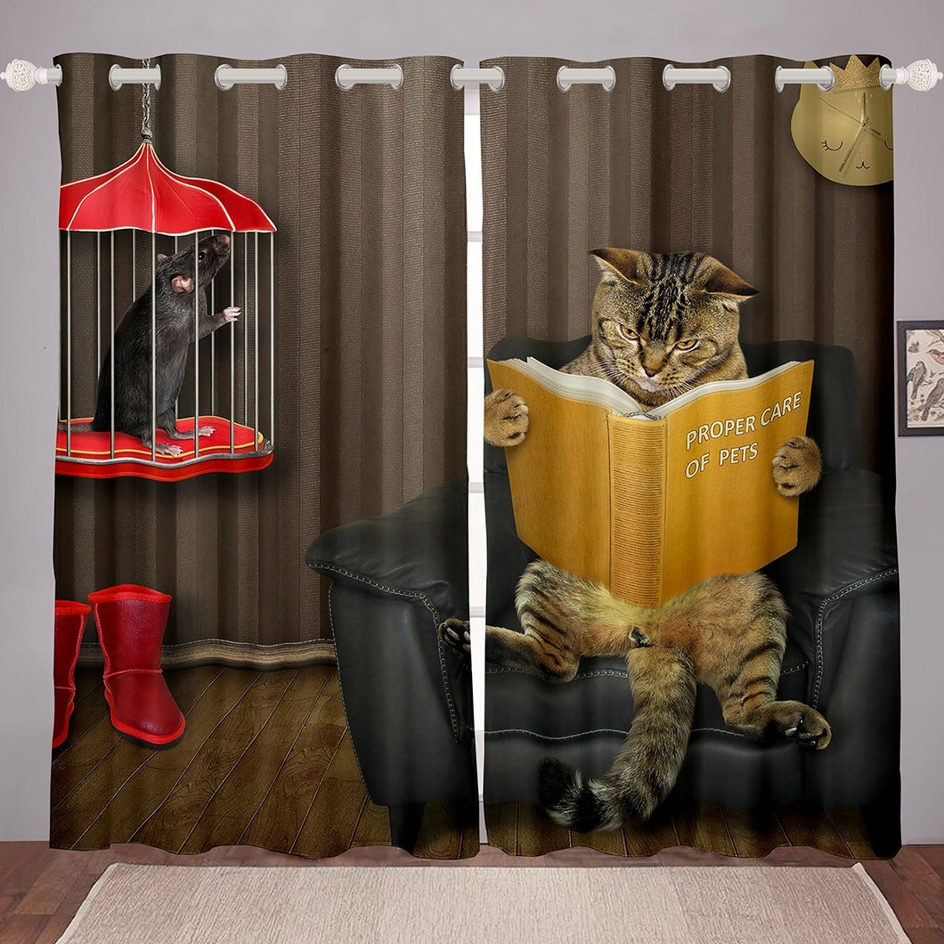 RezsoyeN Animal Theme Curtain Cute Cat Sitting on the Sofa and Reading Pattern Printed Window Curtain for Kids Room Bedroom Living Room Lightweight Window Drapes