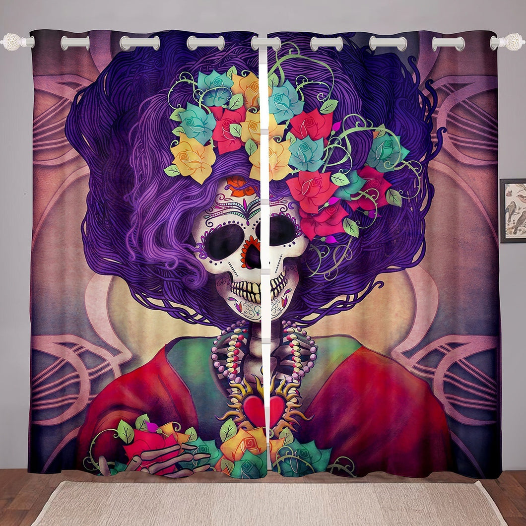 Sugar Skull Curtain Human Skeleton Bones Skull Floral Printed Window Curtain for Kids Room Bedroom Living Room Window Drapes Lightweight Bed Blanket