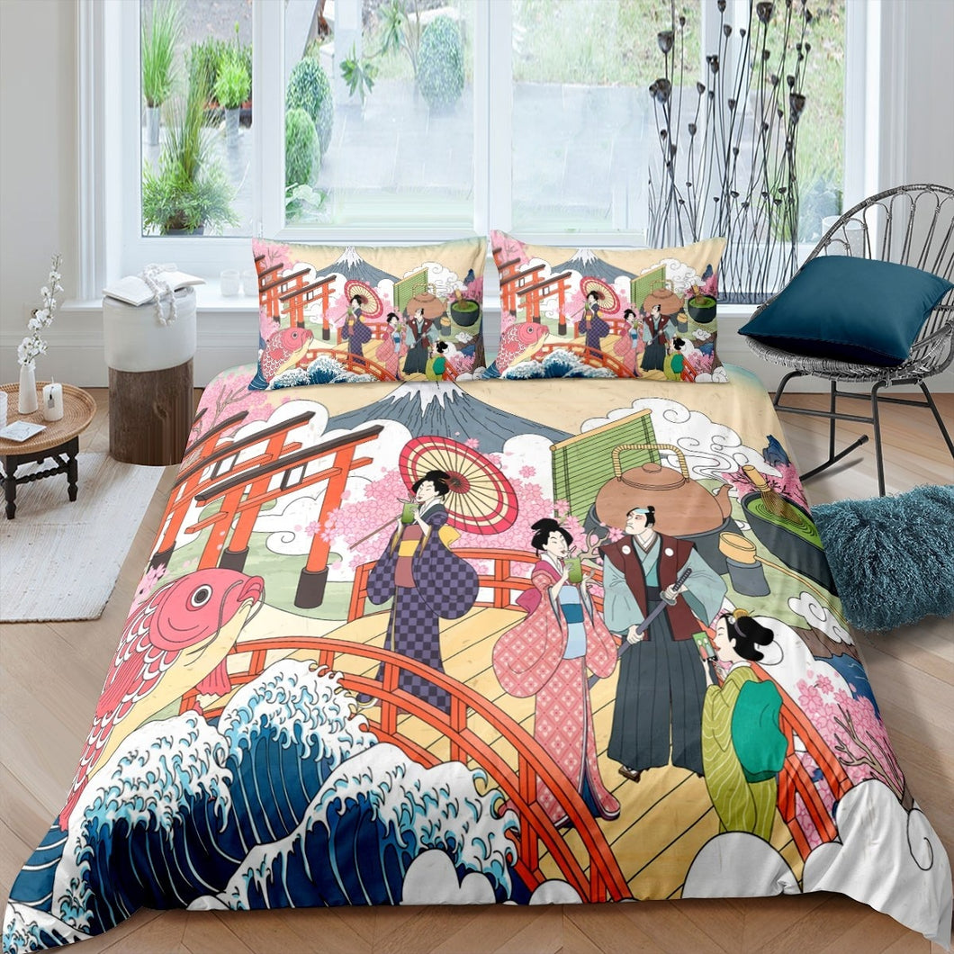 Japanese Ukiyoe Comforter Cover Set for Kids Boys Girls Hokusai Pattern Duvet Cover Japanese Folk Art Bedding Set Exotic Style Quilt Cover,Room Decor 2/3Pcs Bedding