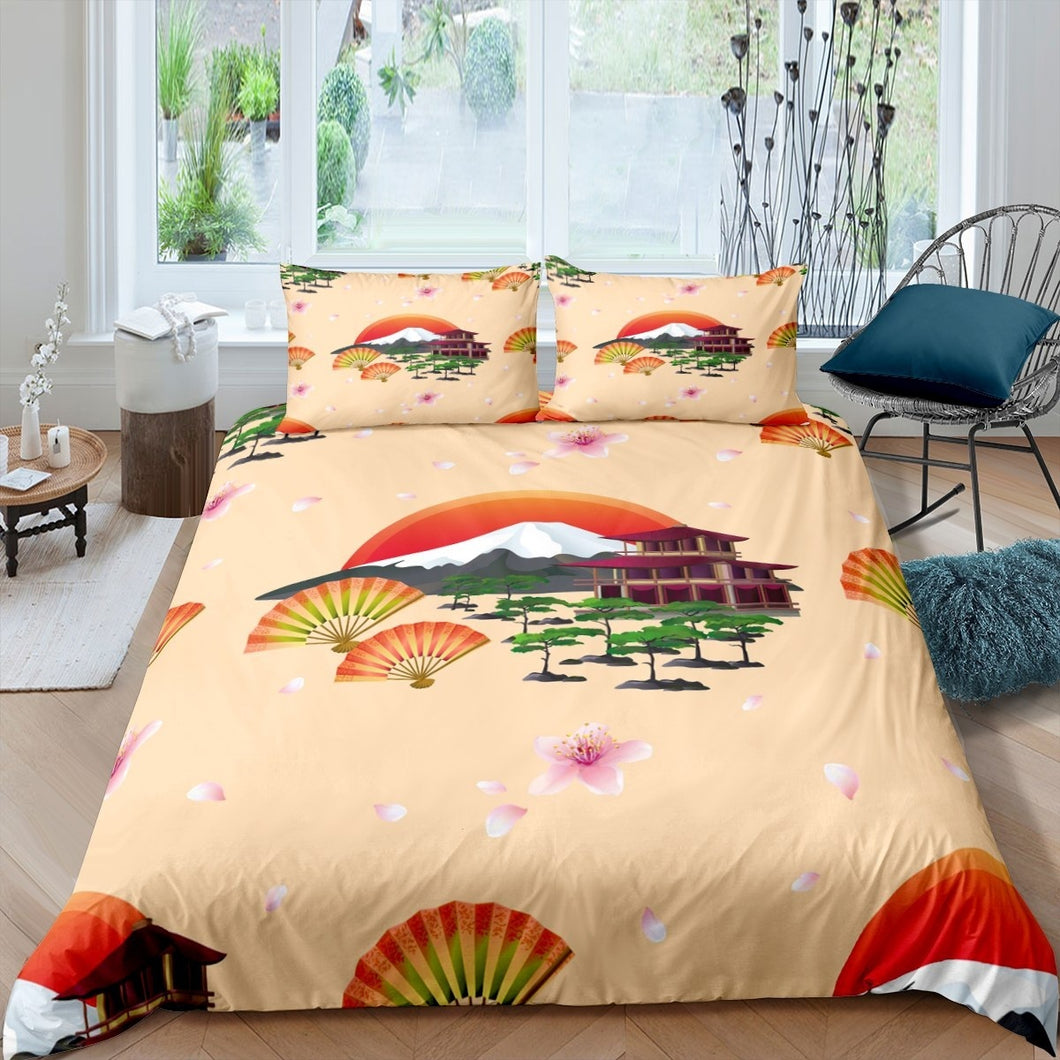 Japanese Ukiyoe Duvet Cover Set Kids Boys Girls Fan Lotus Sunset Floral Print Bedding Set Hokusai Pattern Comforter Cover Luxury Soft Bedspread Cover,Room Decor 2/3Pcs Bedding