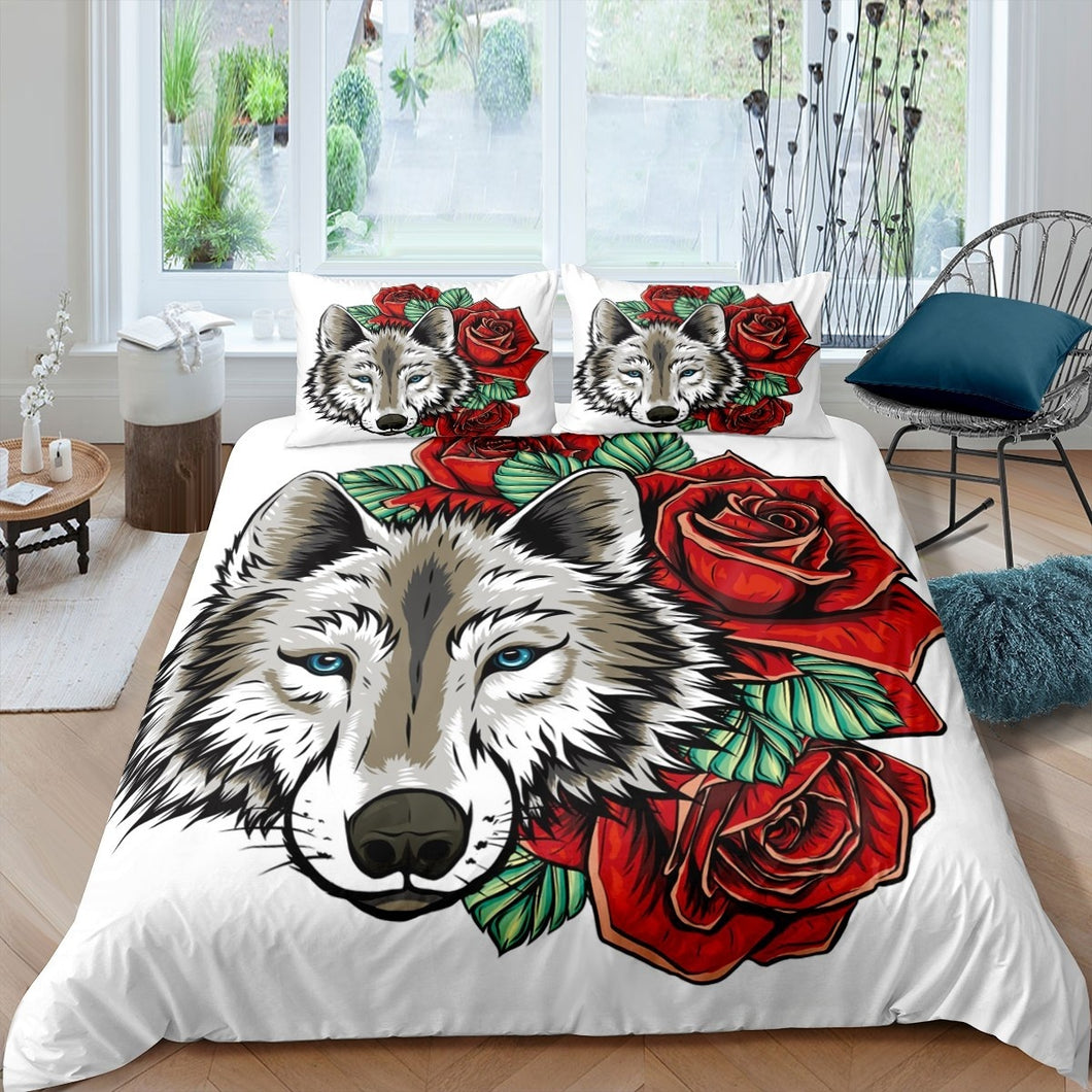 Wolf Comforter Cover Set Safari Wildlife Duvet Cover for Kids Boys Teens Rose Floral Print Bedding Set Wild Animal Theme Quilt Cover,Room Decor 2/3Pcs Bedding