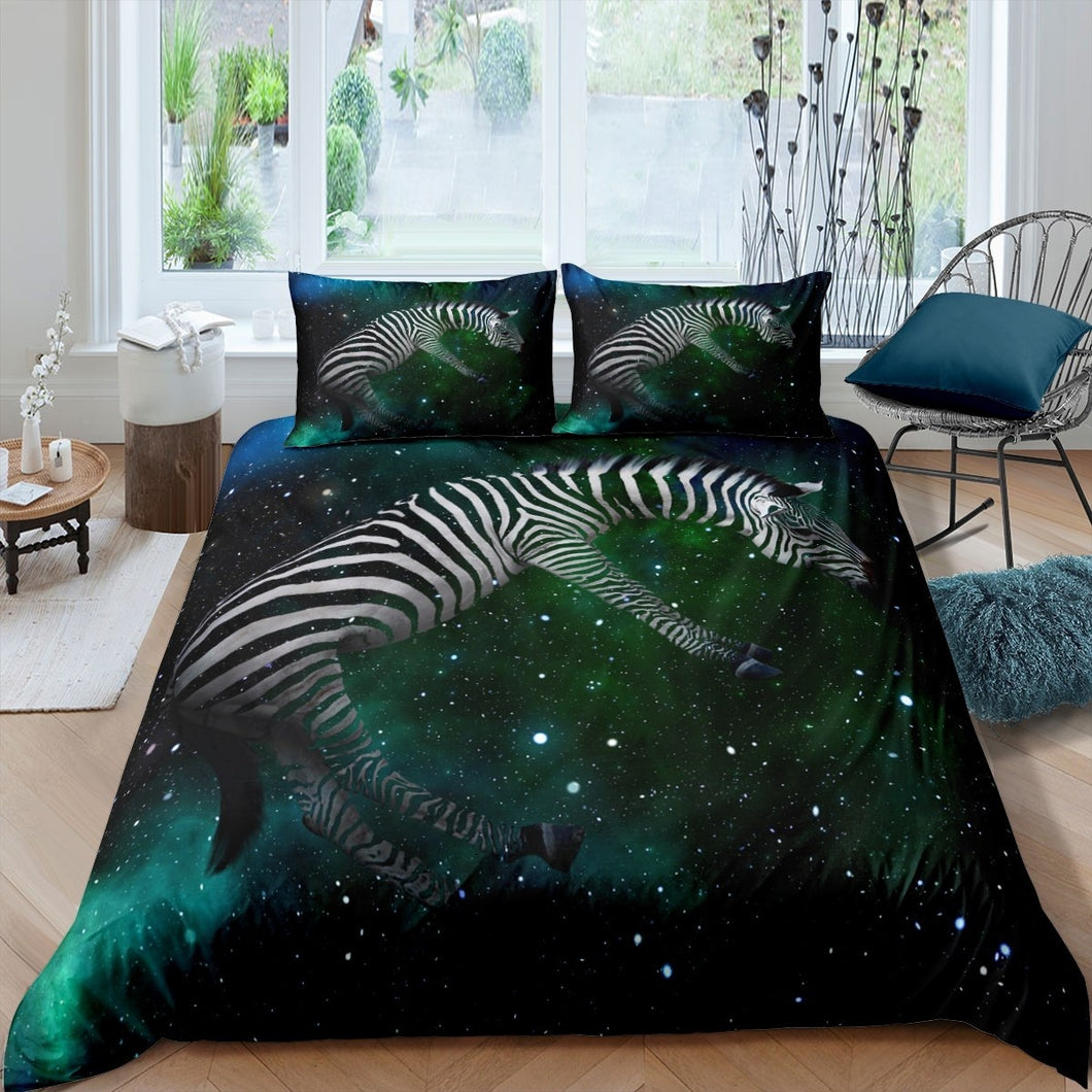 Galaxy Zebra Bedding Set for Kids Boys Teens Outer Space Theme Comforter Cover Universe Starry Sky Duvet Cover Wild Animal Print Quilt Cover,Room Decor 2/3Pcs Bedding