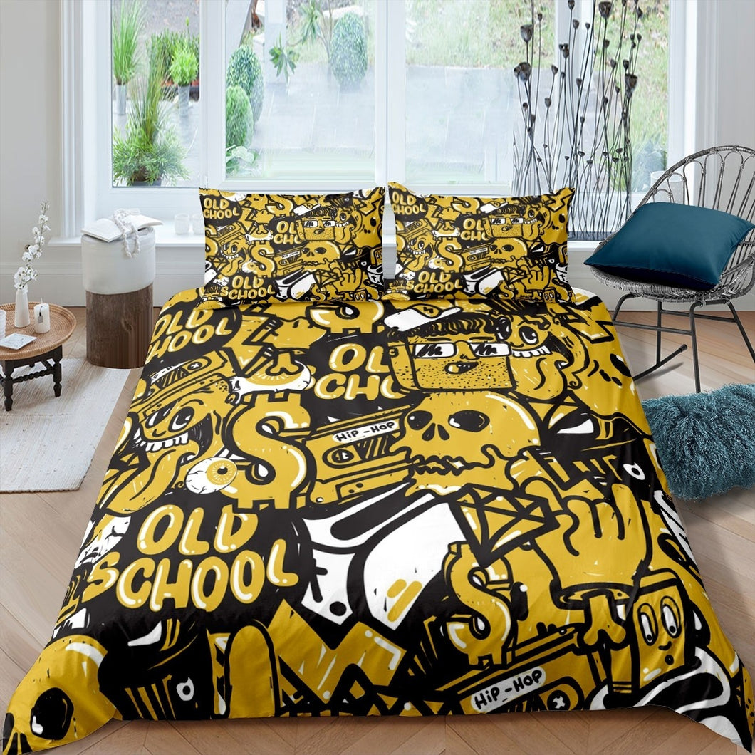 Hippie Graffiti Comforter Cover Set Boys Teens Skull Print Duvet Cover Youth Hip Hop Street Culture Bedding Set Graffiti Pattern Quilt Cover,Room Decor 2/3Pcs Bedding