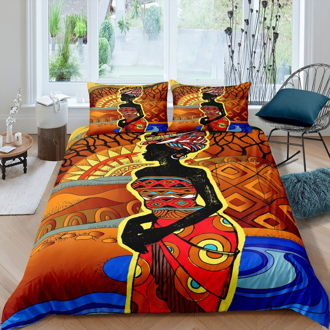 African Woman Bedding Set Girls Ethnic Afro Duvet Cover Adults Tribal Exotic Comforter Cover Chic African Bedspread Cover,Room Decor 2/3Pcs Bedding