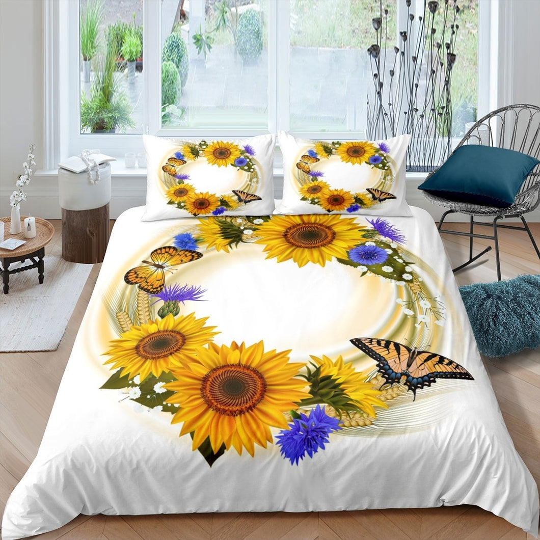 Floral Headdress Duvet Cover Set Kids Girls Woman Sunflower Butterfly Print Comforter Cover Blossom Flowers Bedding Set Luxury Quilt Cover,Room Decor 2/3Pcs Bedding