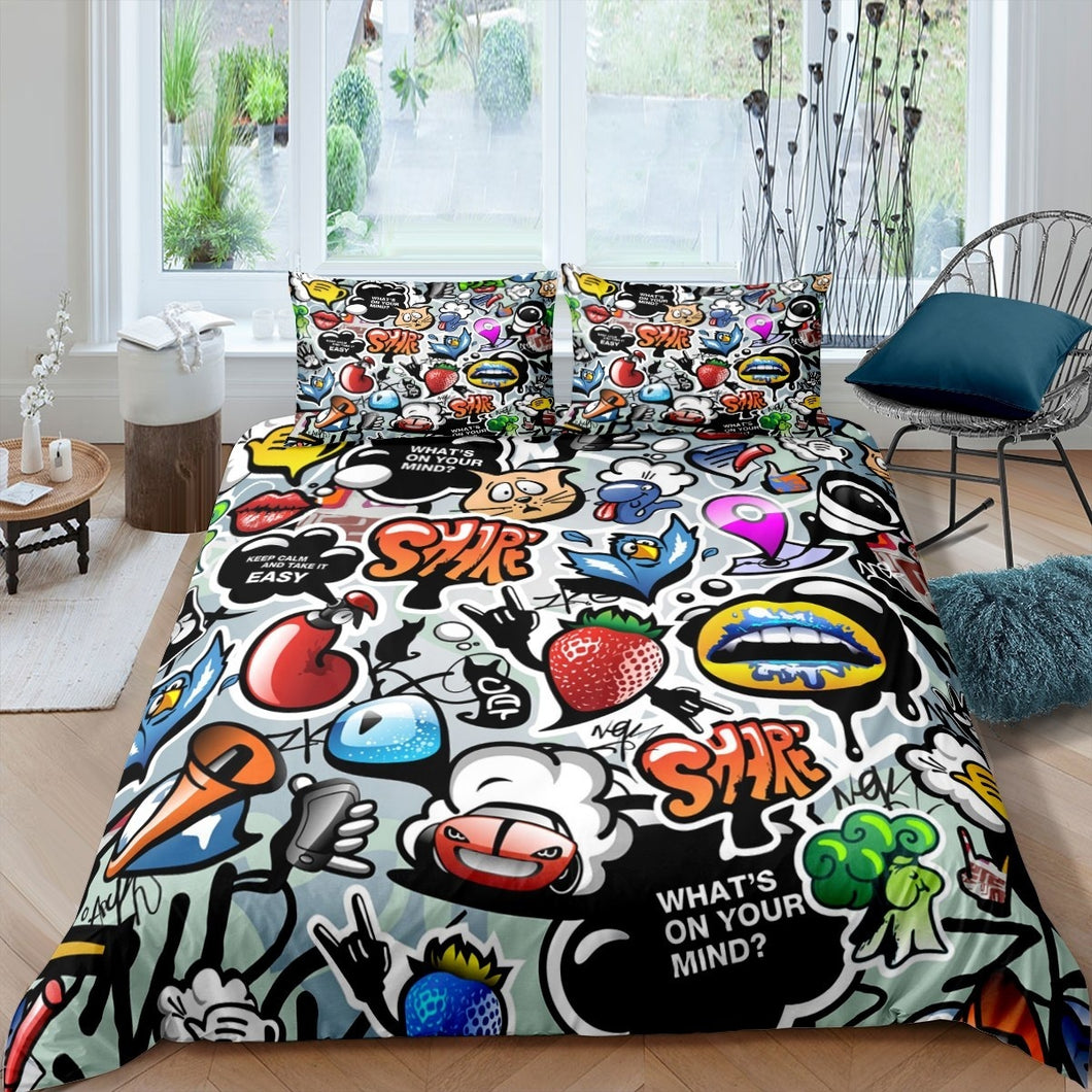 Hippie Graffiti Style Bedding Set Kids Boys Teens Hip Hop Duvet Cover Child Cartoon Pattern Comforter Cover Graffiti Wall Art Bedspread Cover,Room Decor 2/3Pcs Bedding